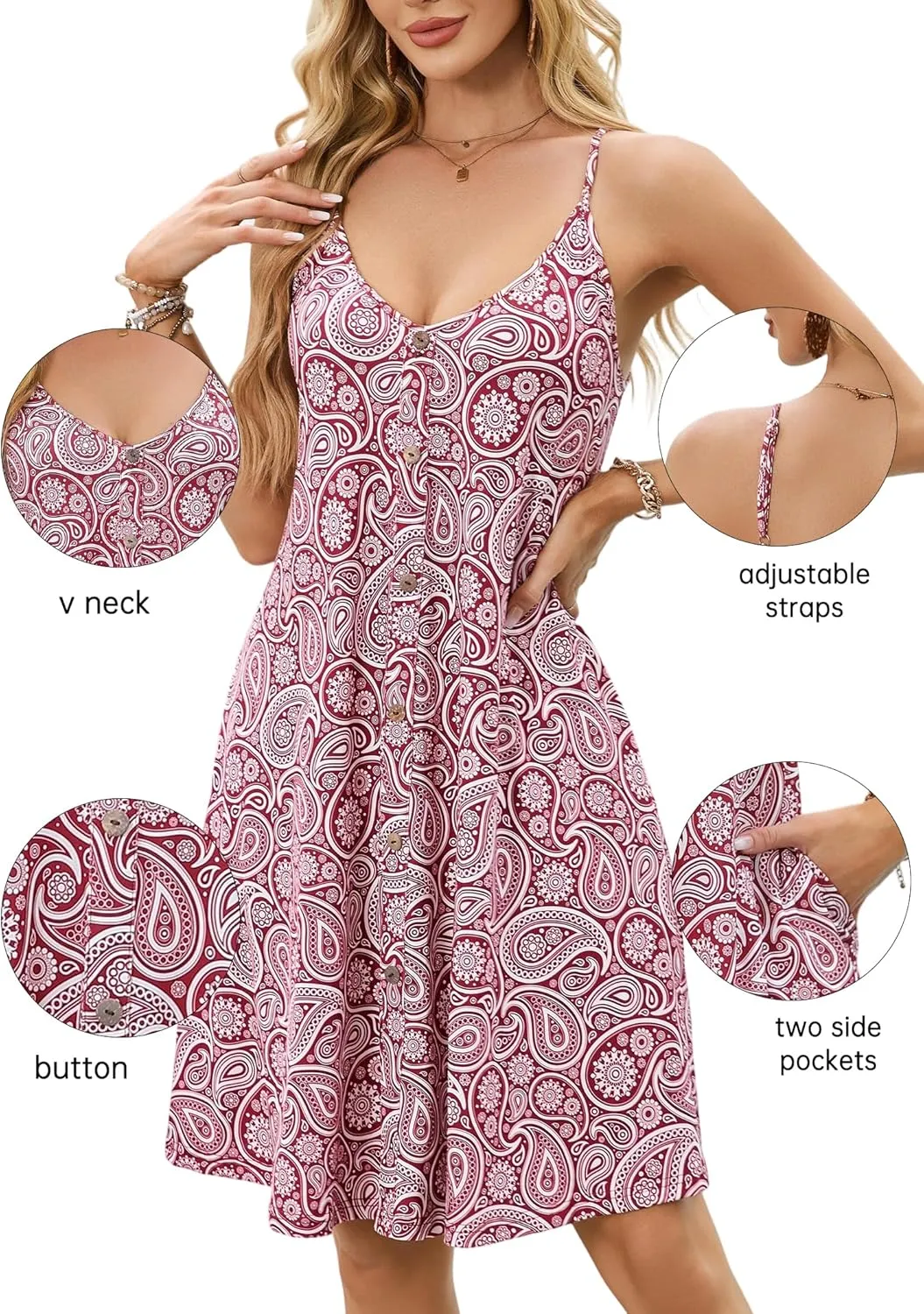 ENMAIN Womens Summer Spaghetti Strap Sun Sleeveless Button Down Causal Beach Vacation Cover Ups Dress with Pocket 2025