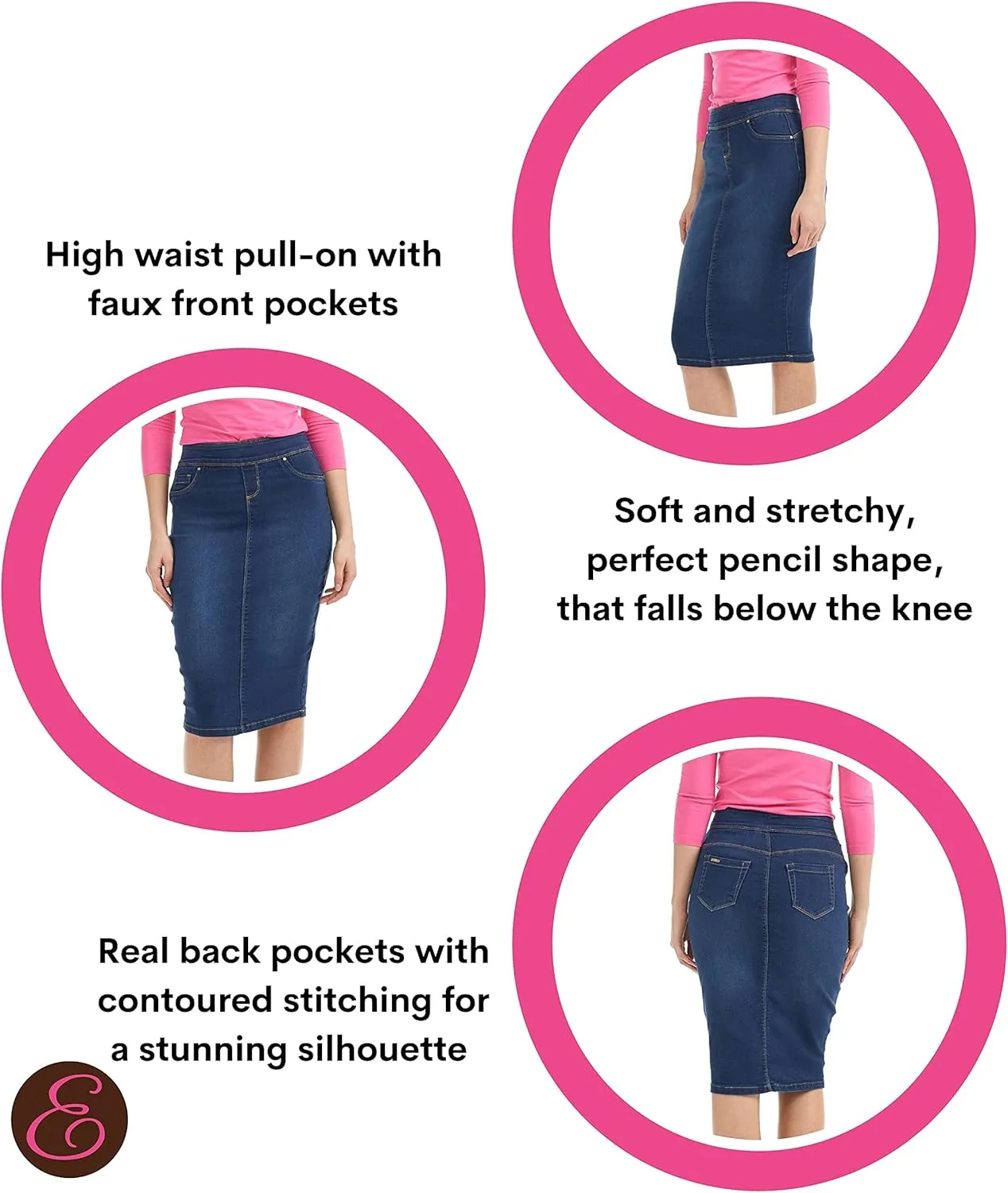 ESTEEZ High Waisted Pull-on Knee Length Stretch Denim Jean Skirt for Women - Siena