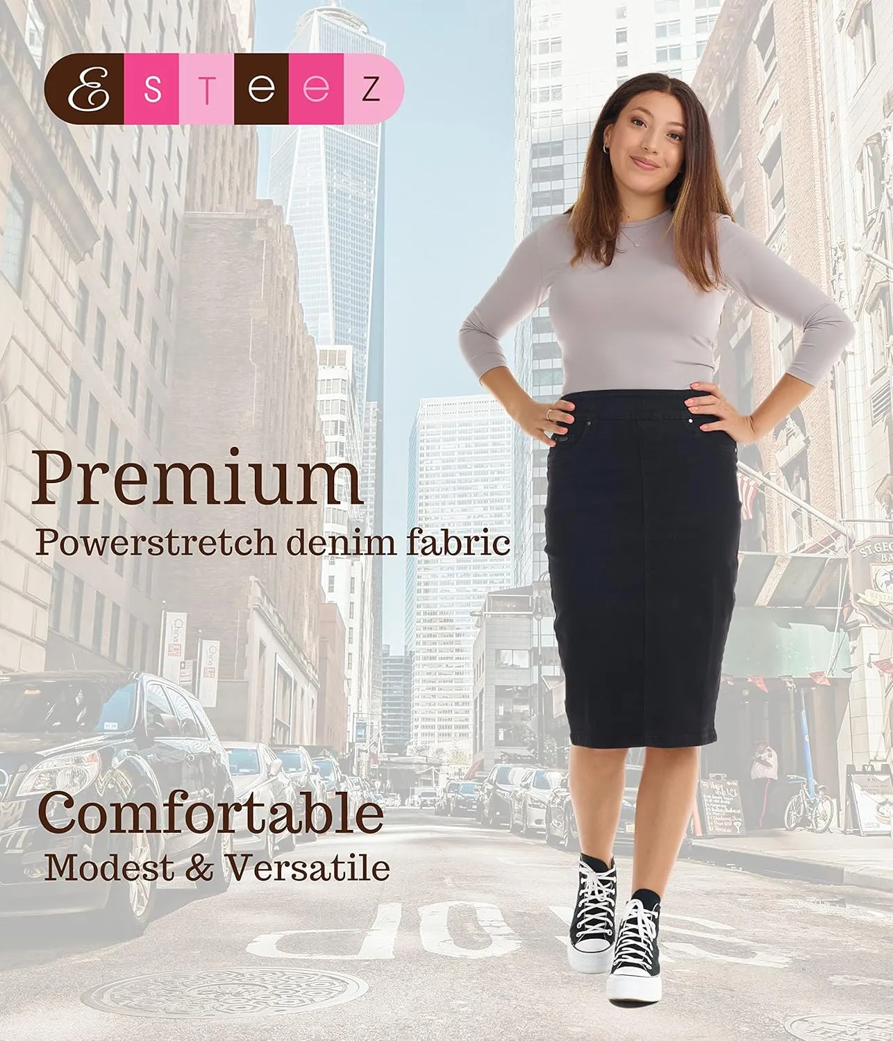 ESTEEZ High Waisted Pull-on Knee Length Stretch Denim Jean Skirt for Women - Siena
