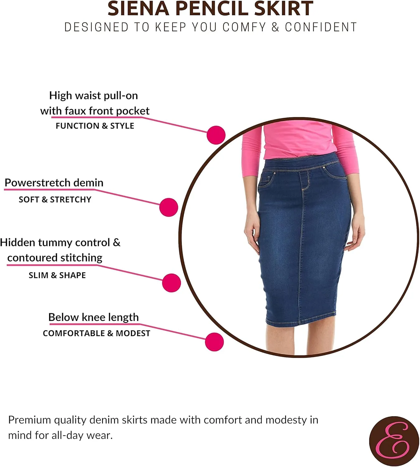 ESTEEZ High Waisted Pull-on Knee Length Stretch Denim Jean Skirt for Women - Siena
