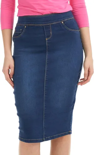 ESTEEZ High Waisted Pull-on Knee Length Stretch Denim Jean Skirt for Women - Siena
