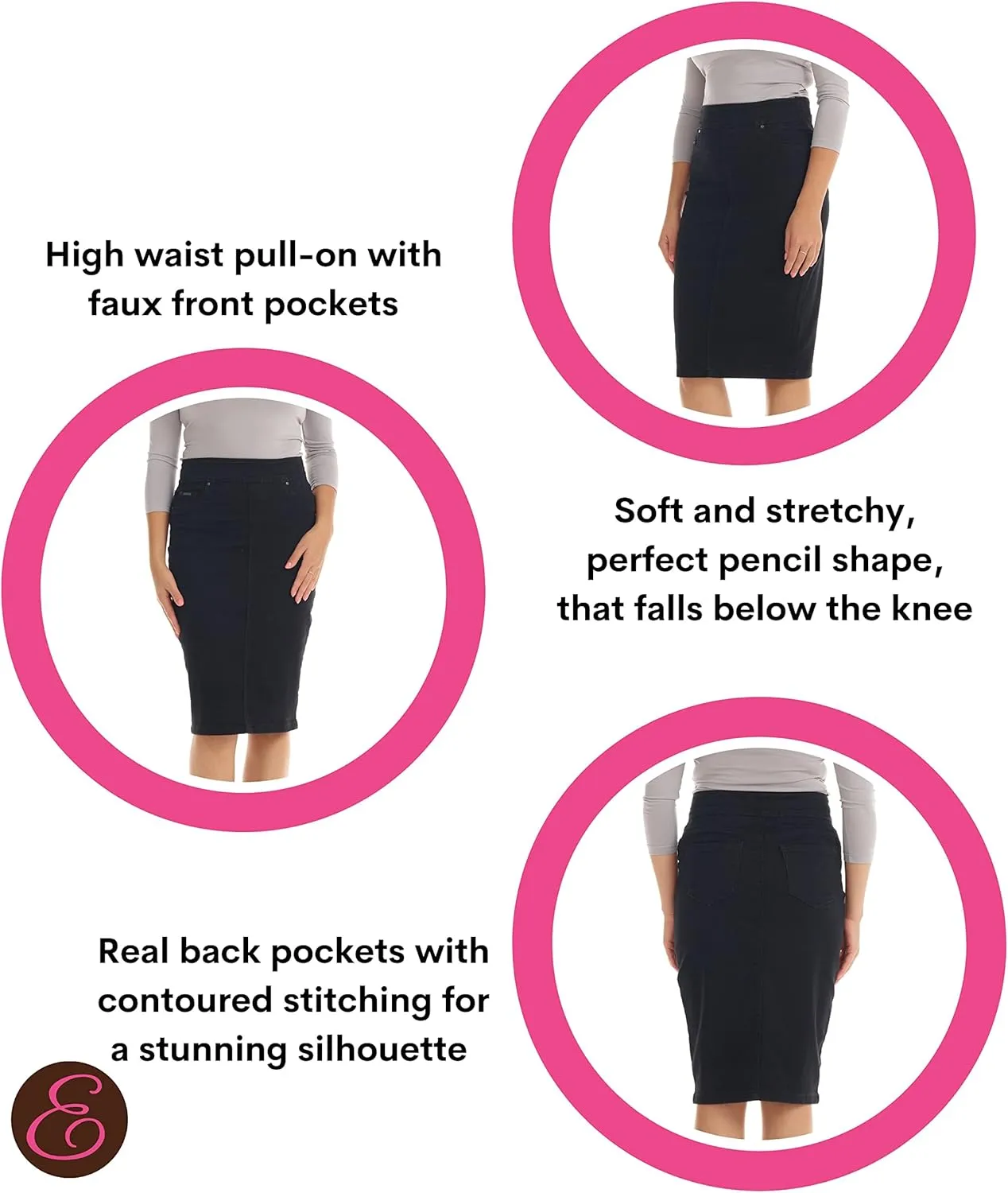 ESTEEZ High Waisted Pull-on Knee Length Stretch Denim Jean Skirt for Women - Siena