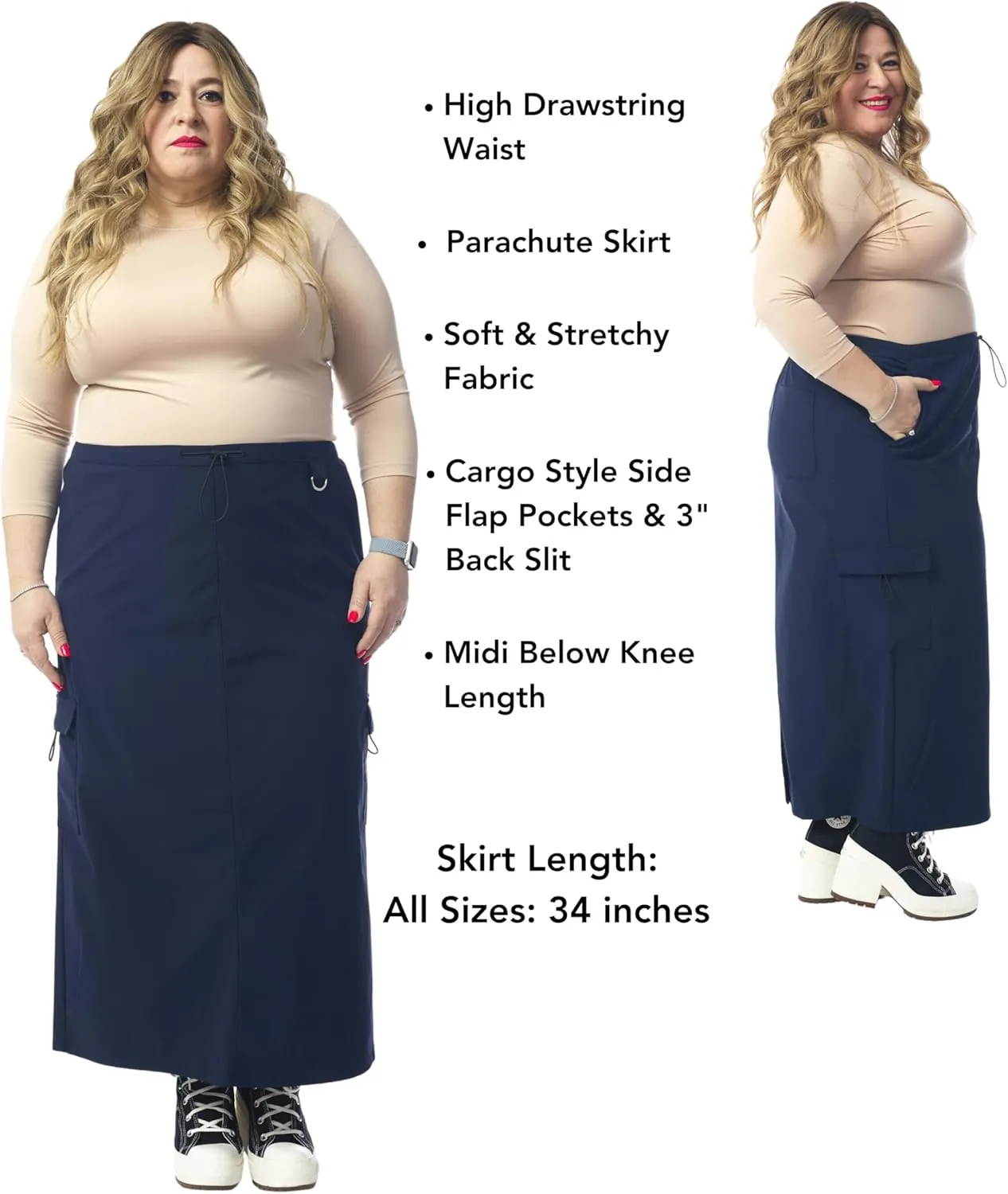 ESTEEZ Women's Cargo Midi Skirt  Lightweight, Stretch, Drawstring Waist, Flap Pocket  Cali Cargo