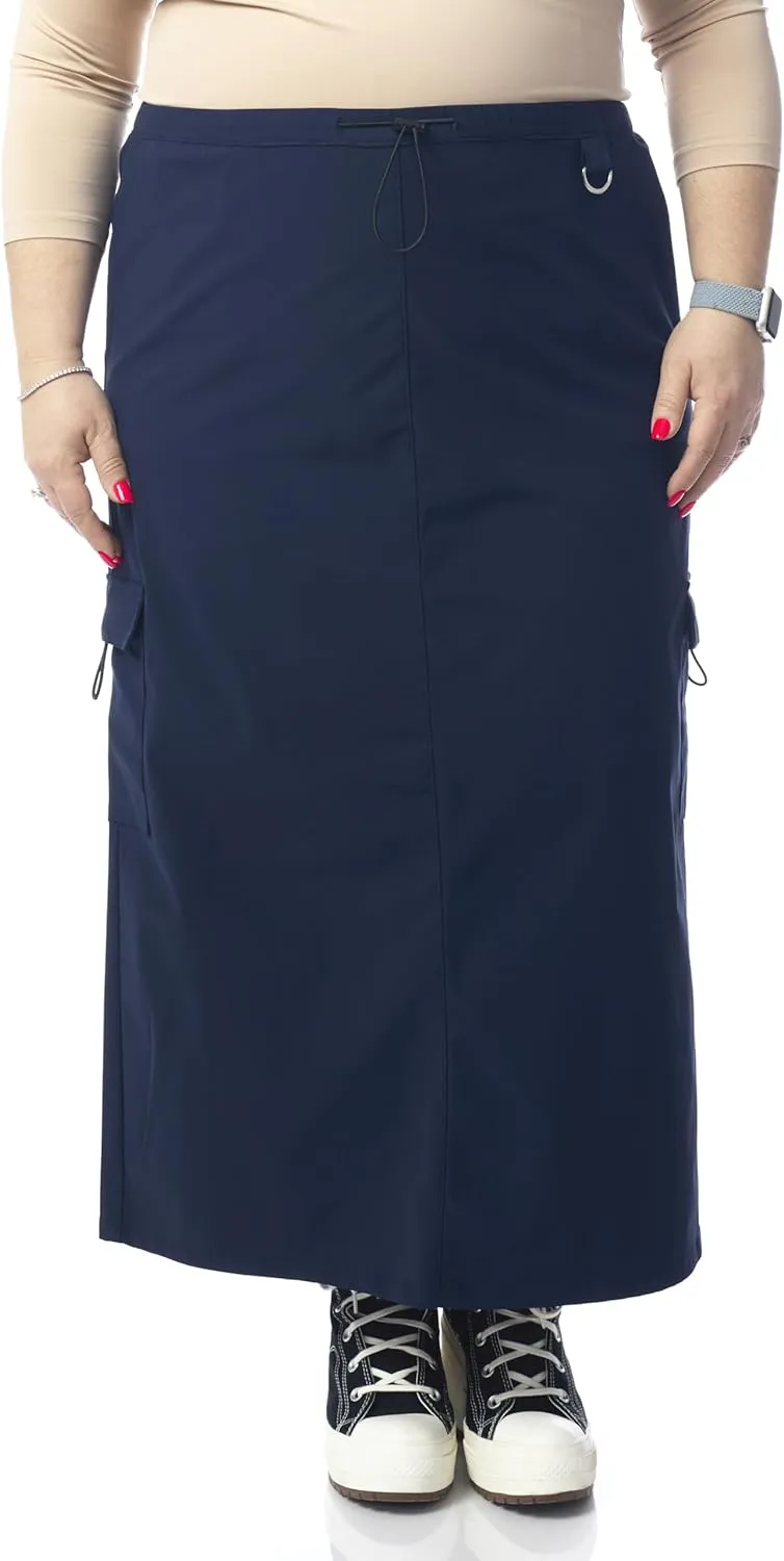 ESTEEZ Women's Cargo Midi Skirt  Lightweight, Stretch, Drawstring Waist, Flap Pocket  Cali Cargo