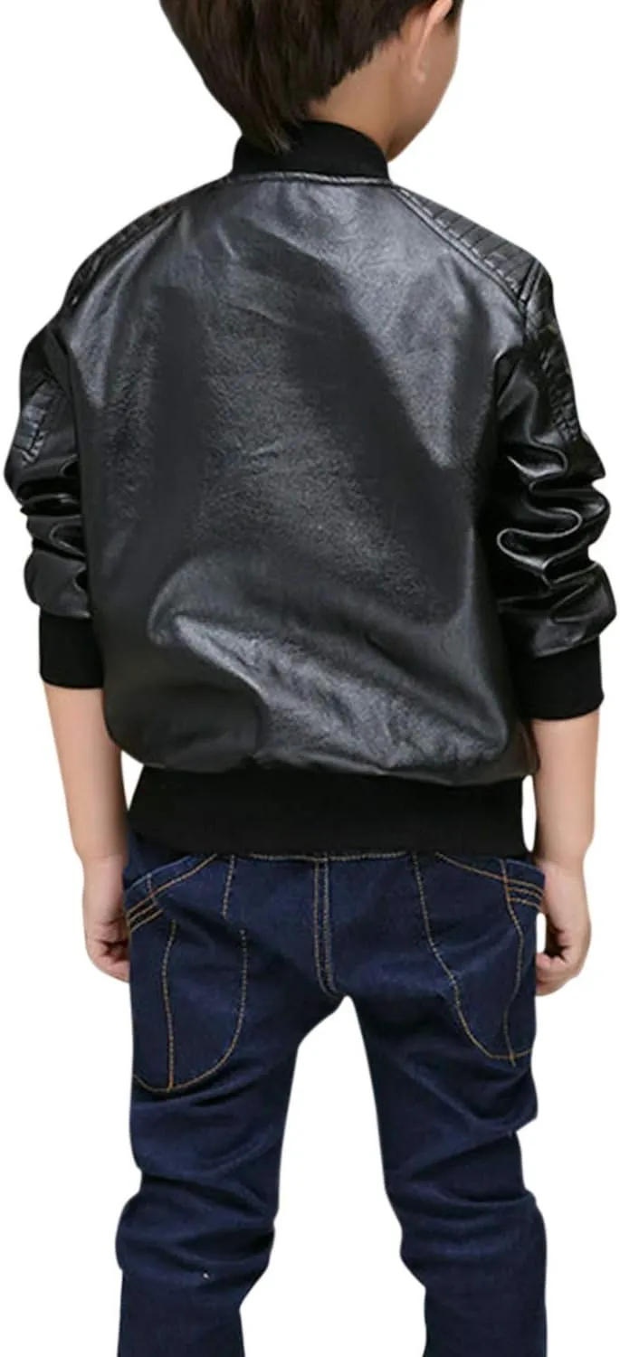 Evelin LEE Kids Boys Long Sleeve Zip Up PU Leather Jacket Coat Loose Casual Moto Outwear