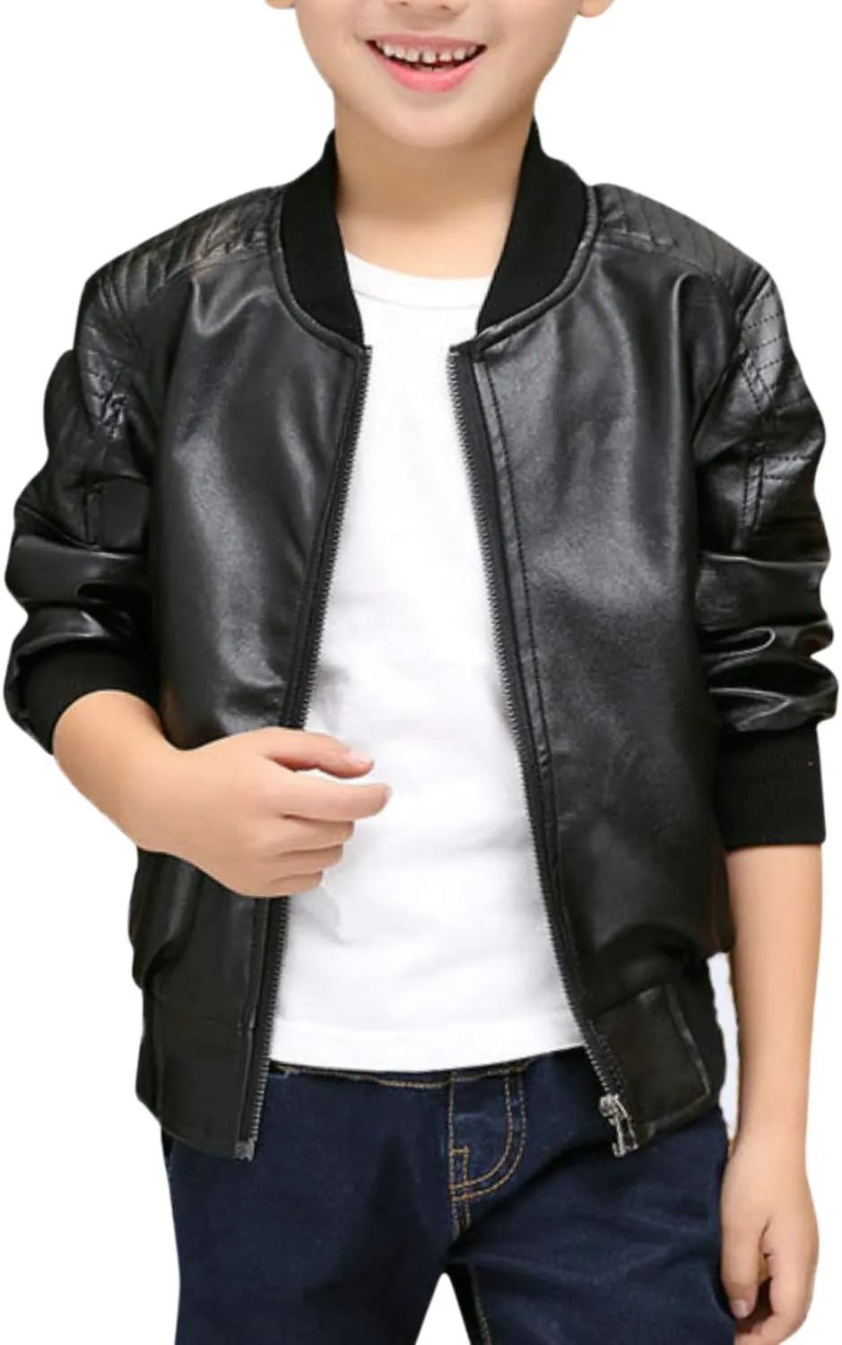 Evelin LEE Kids Boys Long Sleeve Zip Up PU Leather Jacket Coat Loose Casual Moto Outwear