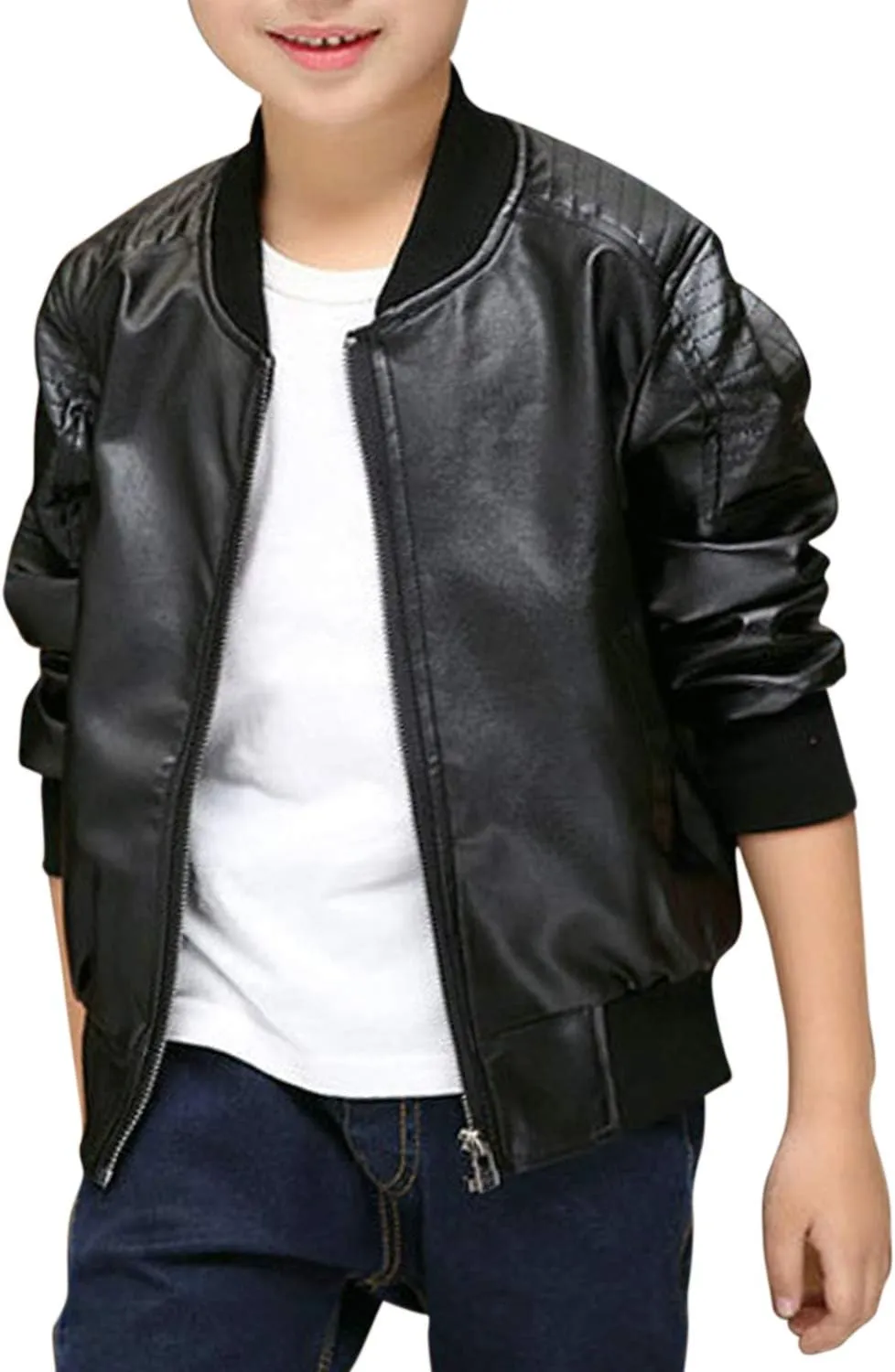 Evelin LEE Kids Boys Long Sleeve Zip Up PU Leather Jacket Coat Loose Casual Moto Outwear