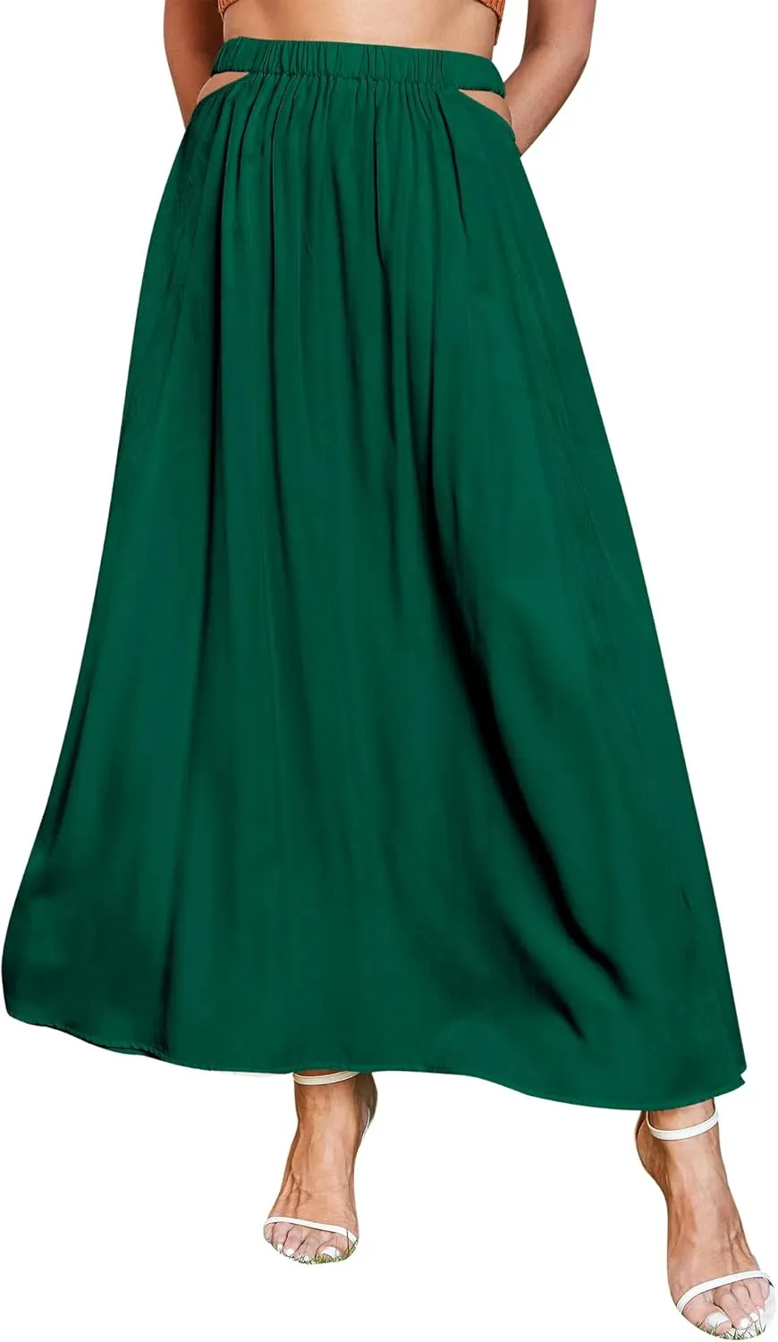 Ezcosplay Womens Cut Out Elastic High Waist Maxi Skirt Summer Flowy A-Line Long Skirt