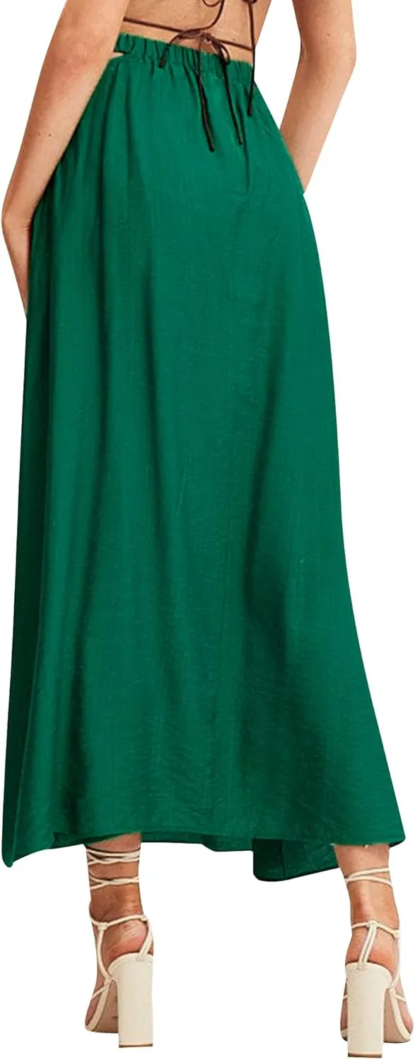 Ezcosplay Womens Cut Out Elastic High Waist Maxi Skirt Summer Flowy A-Line Long Skirt