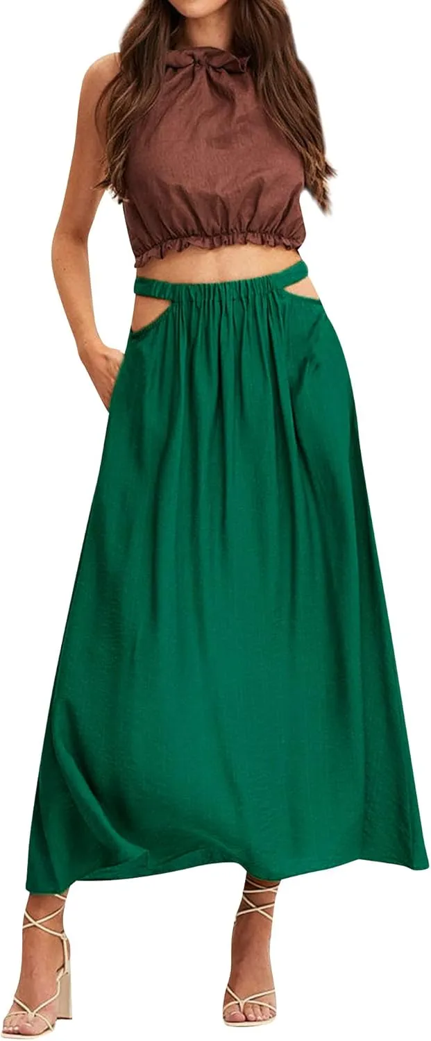 Ezcosplay Womens Cut Out Elastic High Waist Maxi Skirt Summer Flowy A-Line Long Skirt