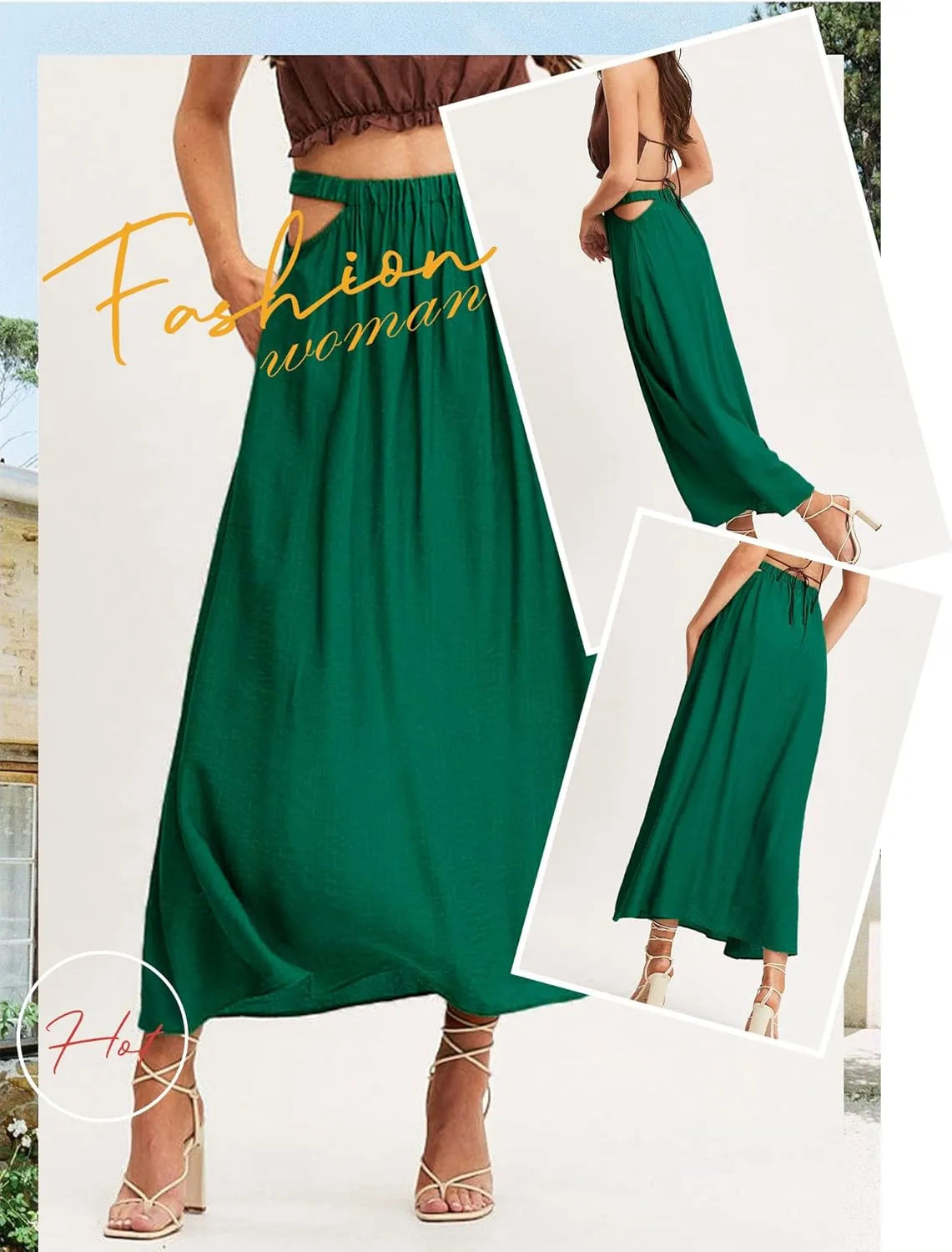 Ezcosplay Womens Cut Out Elastic High Waist Maxi Skirt Summer Flowy A-Line Long Skirt