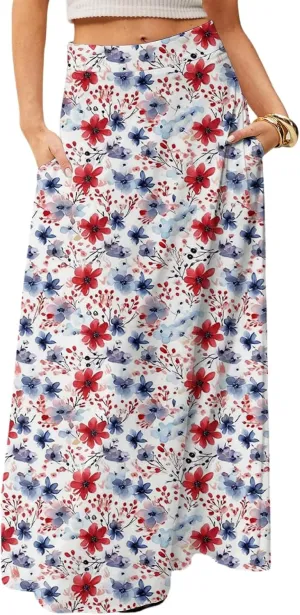 fanmpghleoo Spring Skirts for Women 2025 Boho Elastic High Waisted Maxi Skirt with Pockets Flowy Beach Vacation Long Skirt