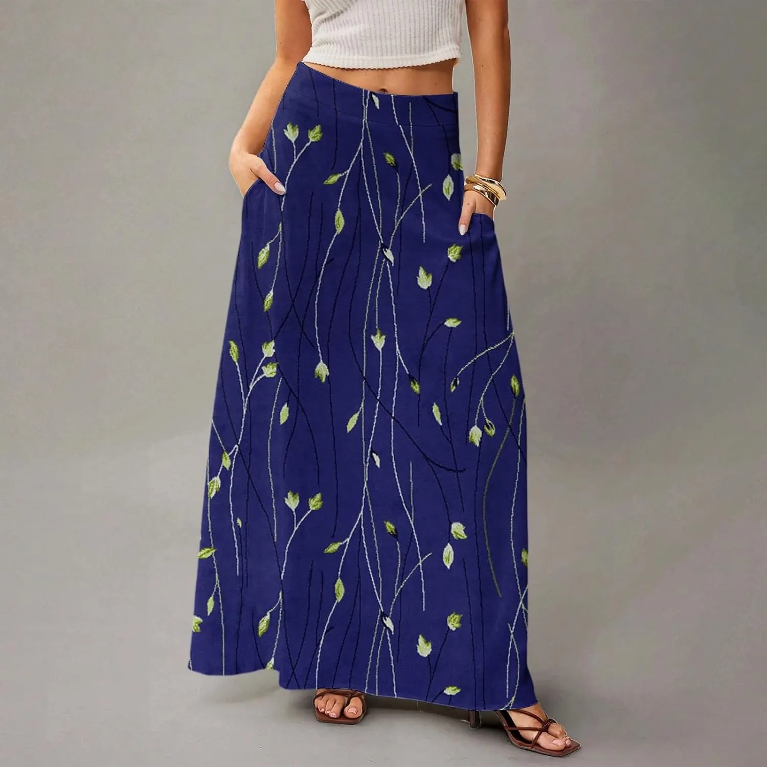 fanmpghleoo Spring Skirts for Women 2025 Boho Elastic High Waisted Maxi Skirt with Pockets Flowy Beach Vacation Long Skirt