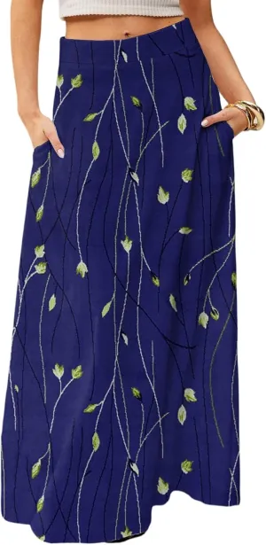 fanmpghleoo Spring Skirts for Women 2025 Boho Elastic High Waisted Maxi Skirt with Pockets Flowy Beach Vacation Long Skirt