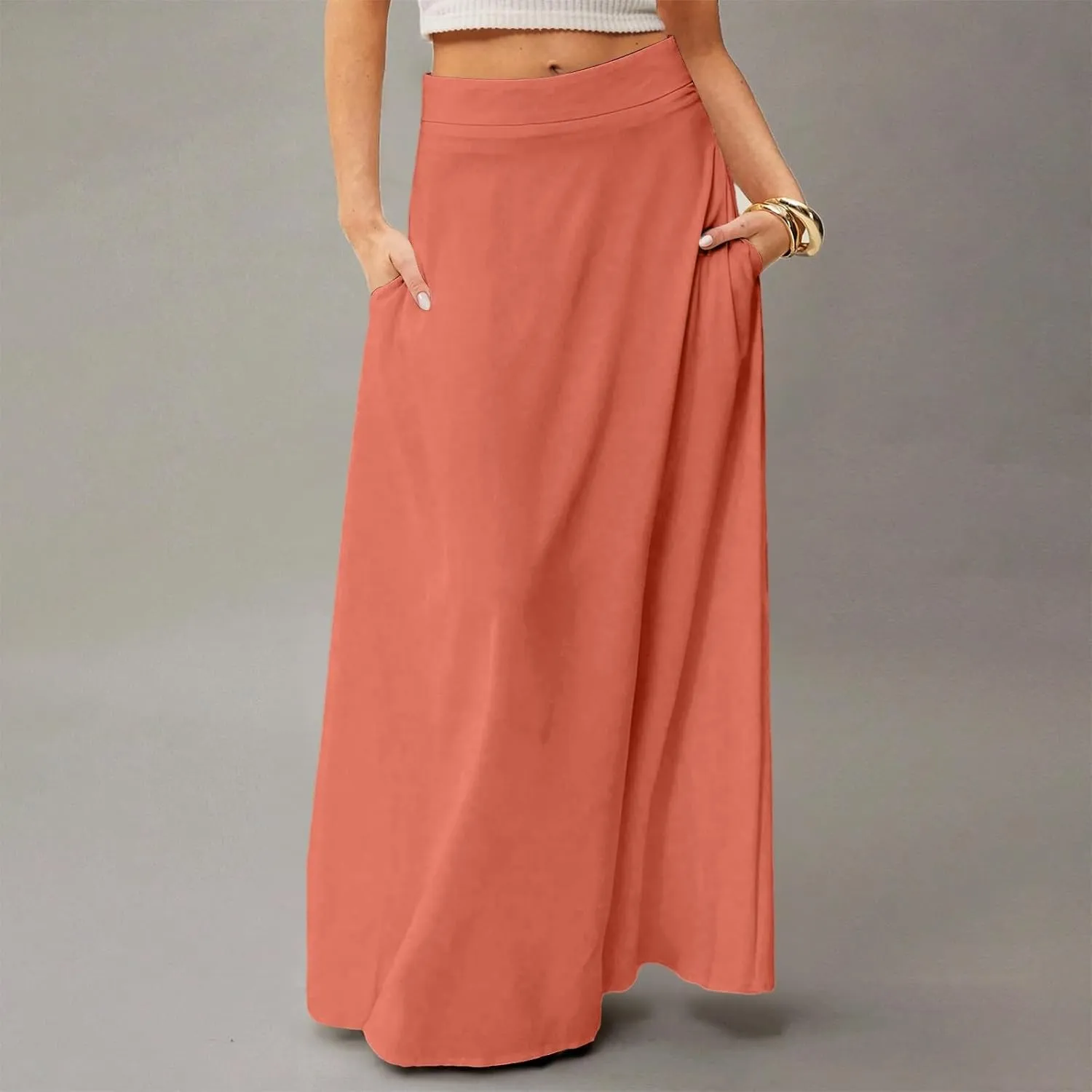 fanmpghleoo Summer Skirts for Women 2025 Boho Elastic High Waisted Maxi Skirt Flowy Vacation Beach Long Skirt with Pockets