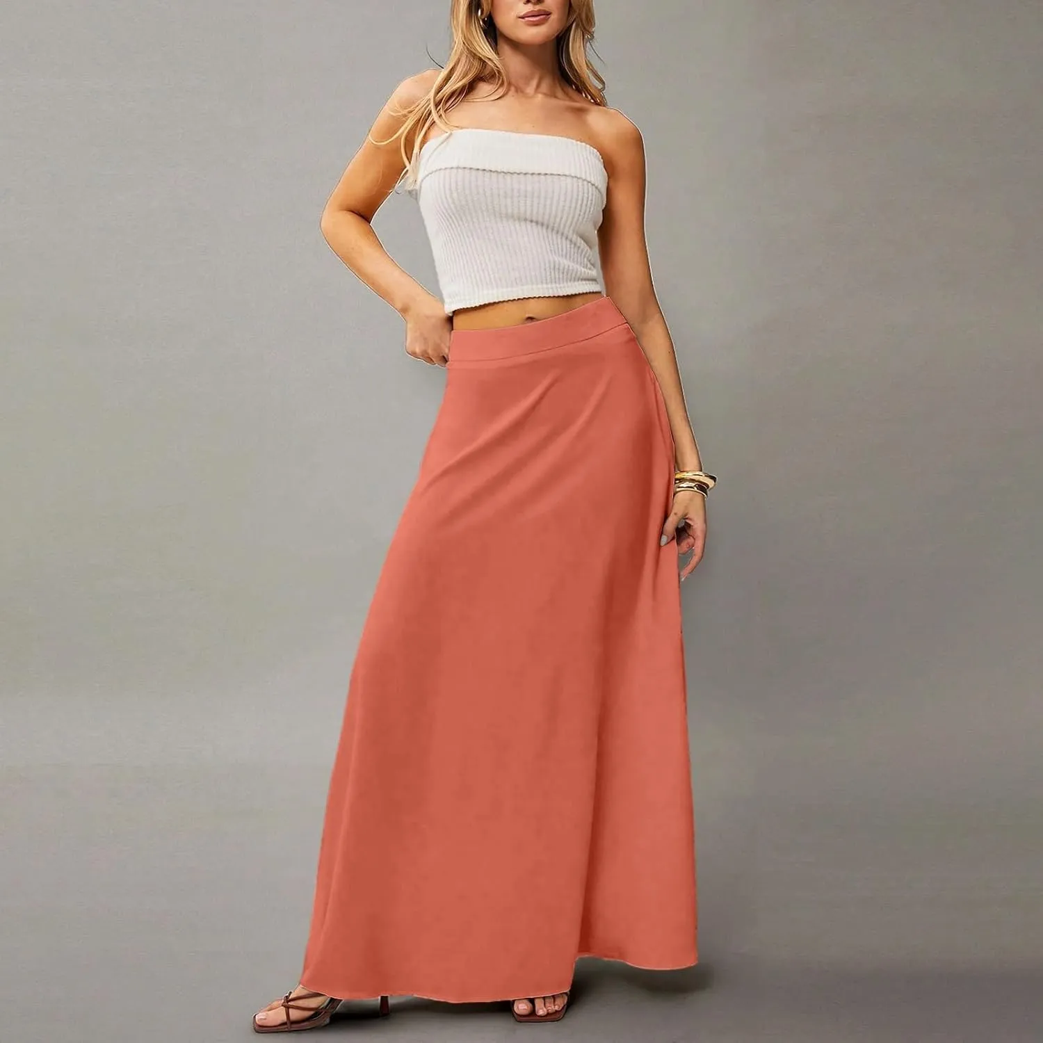 fanmpghleoo Summer Skirts for Women 2025 Boho Elastic High Waisted Maxi Skirt Flowy Vacation Beach Long Skirt with Pockets