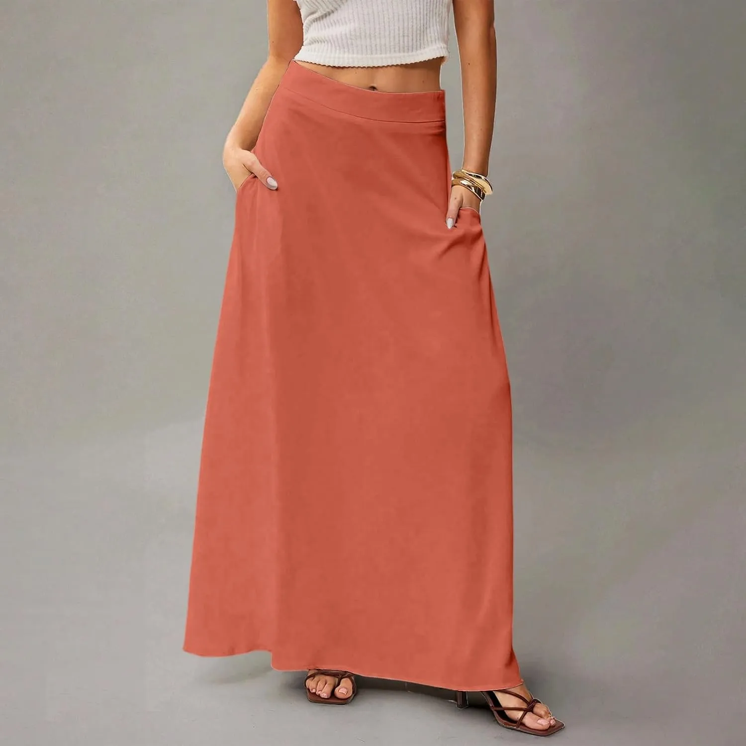 fanmpghleoo Summer Skirts for Women 2025 Boho Elastic High Waisted Maxi Skirt Flowy Vacation Beach Long Skirt with Pockets