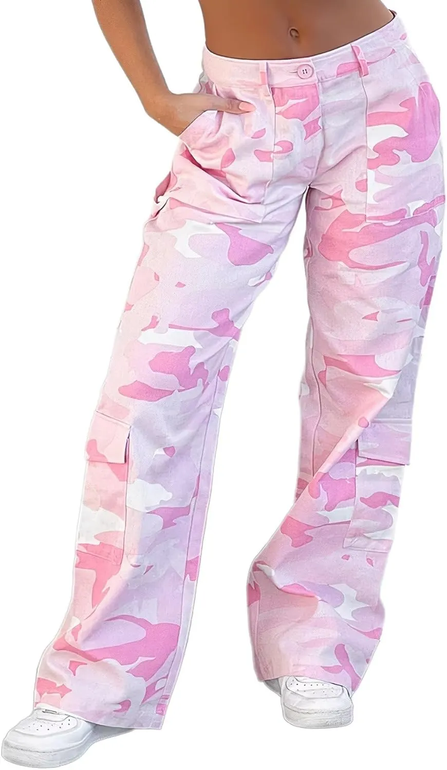 Flamingals Cargo Pants for Women Baggy Wide Leg Mid Waist Causal Y2K Pants with Pockets