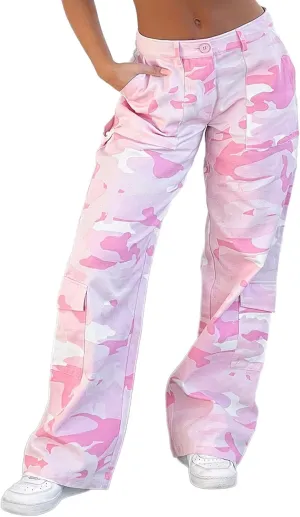 Flamingals Cargo Pants for Women Baggy Wide Leg Mid Waist Causal Y2K Pants with Pockets