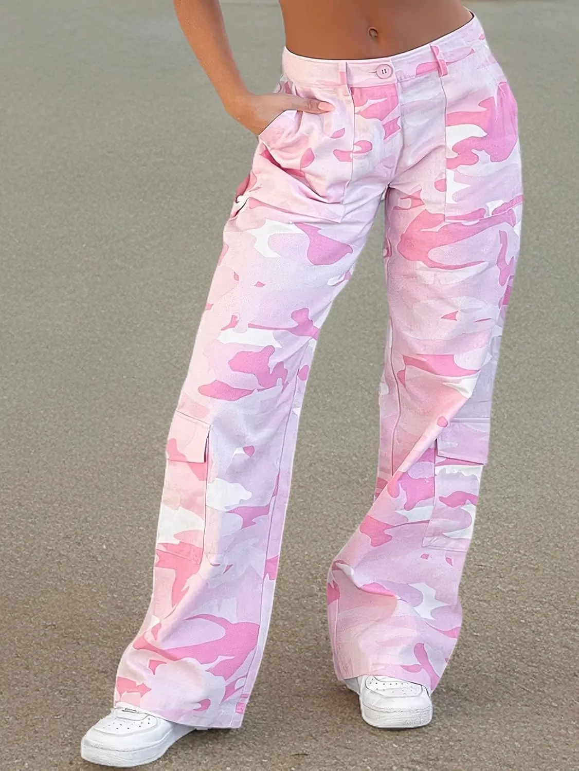 Flamingals Cargo Pants for Women Baggy Wide Leg Mid Waist Causal Y2K Pants with Pockets