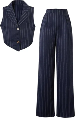 Floerns Girl's 2 Piece Outfits Elegant Striped Sleeveless Suit Vest & Long Elastic Casual Pants Set