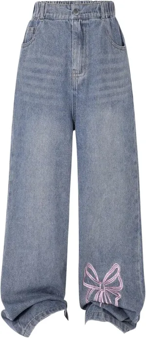 Floerns Girl's Y2k Bowknot Print Elastic Waist Jeans Wide Leg Cute Denim Pants
