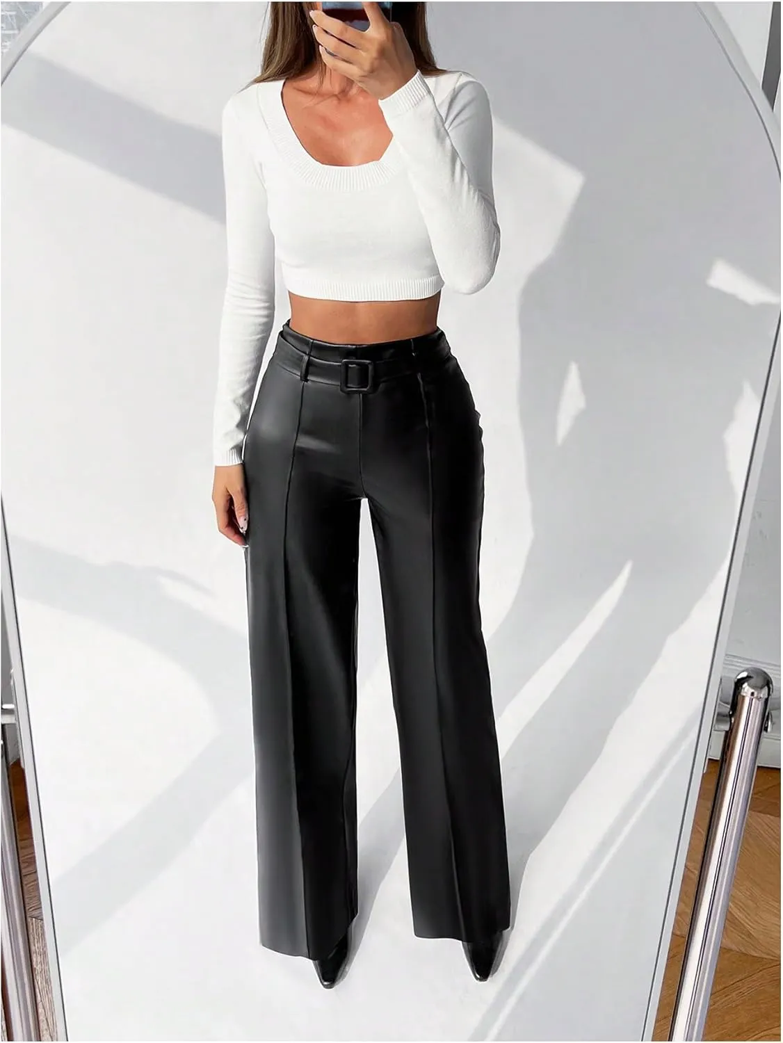 Floerns Women's PU Leather Straight Leg Pants High Waisted Belt Casual Trousers