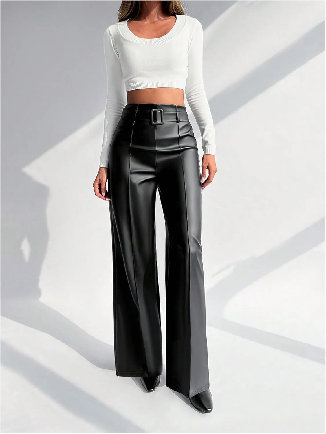 Floerns Women's PU Leather Straight Leg Pants High Waisted Belt Casual Trousers