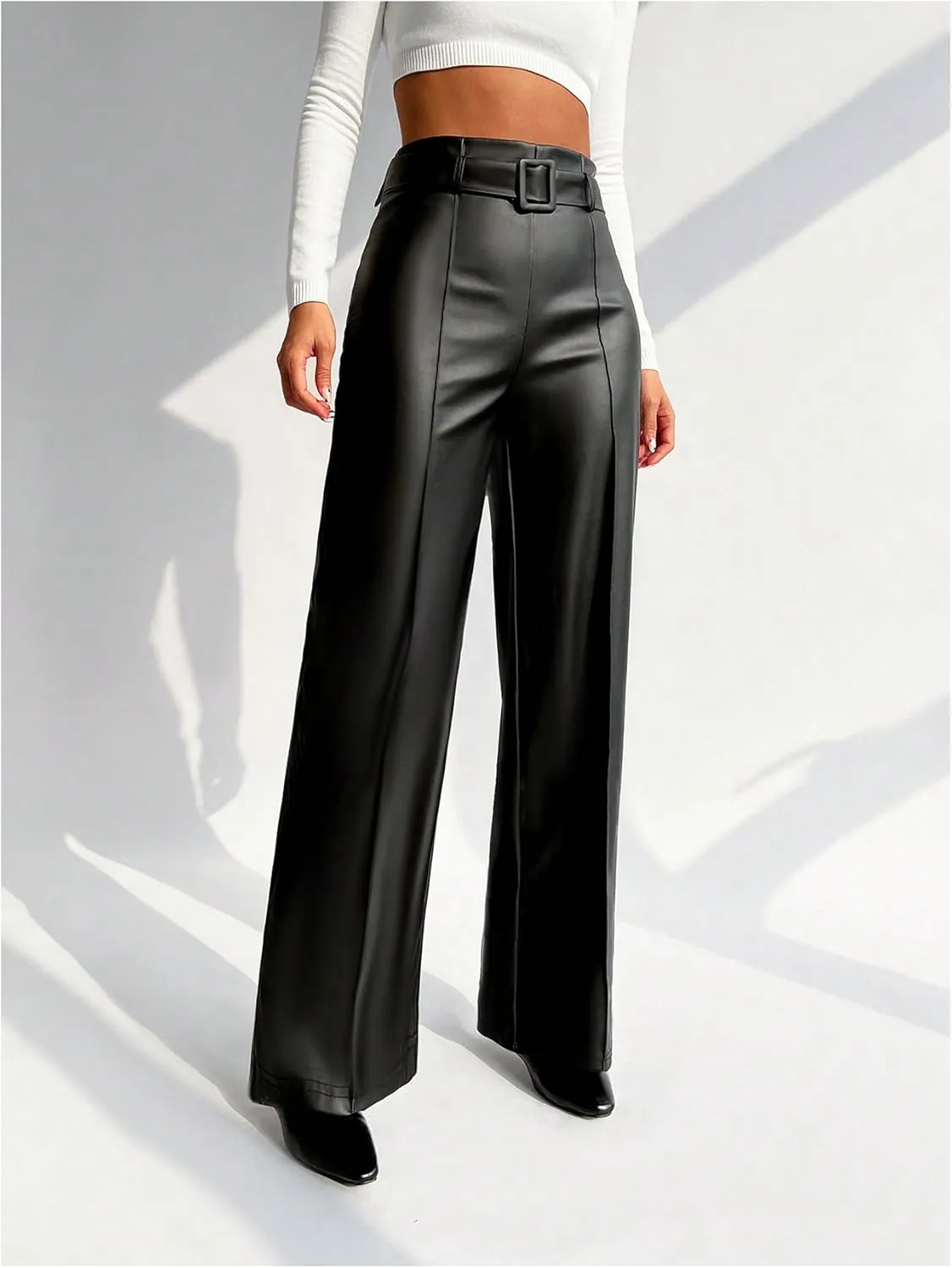 Floerns Women's PU Leather Straight Leg Pants High Waisted Belt Casual Trousers