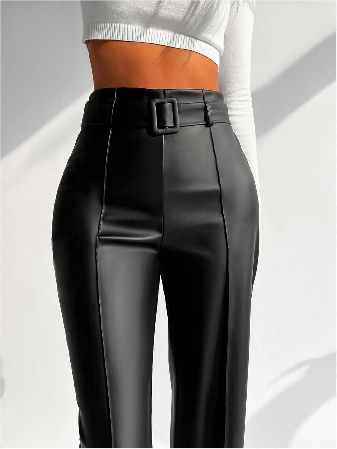 Floerns Women's PU Leather Straight Leg Pants High Waisted Belt Casual Trousers
