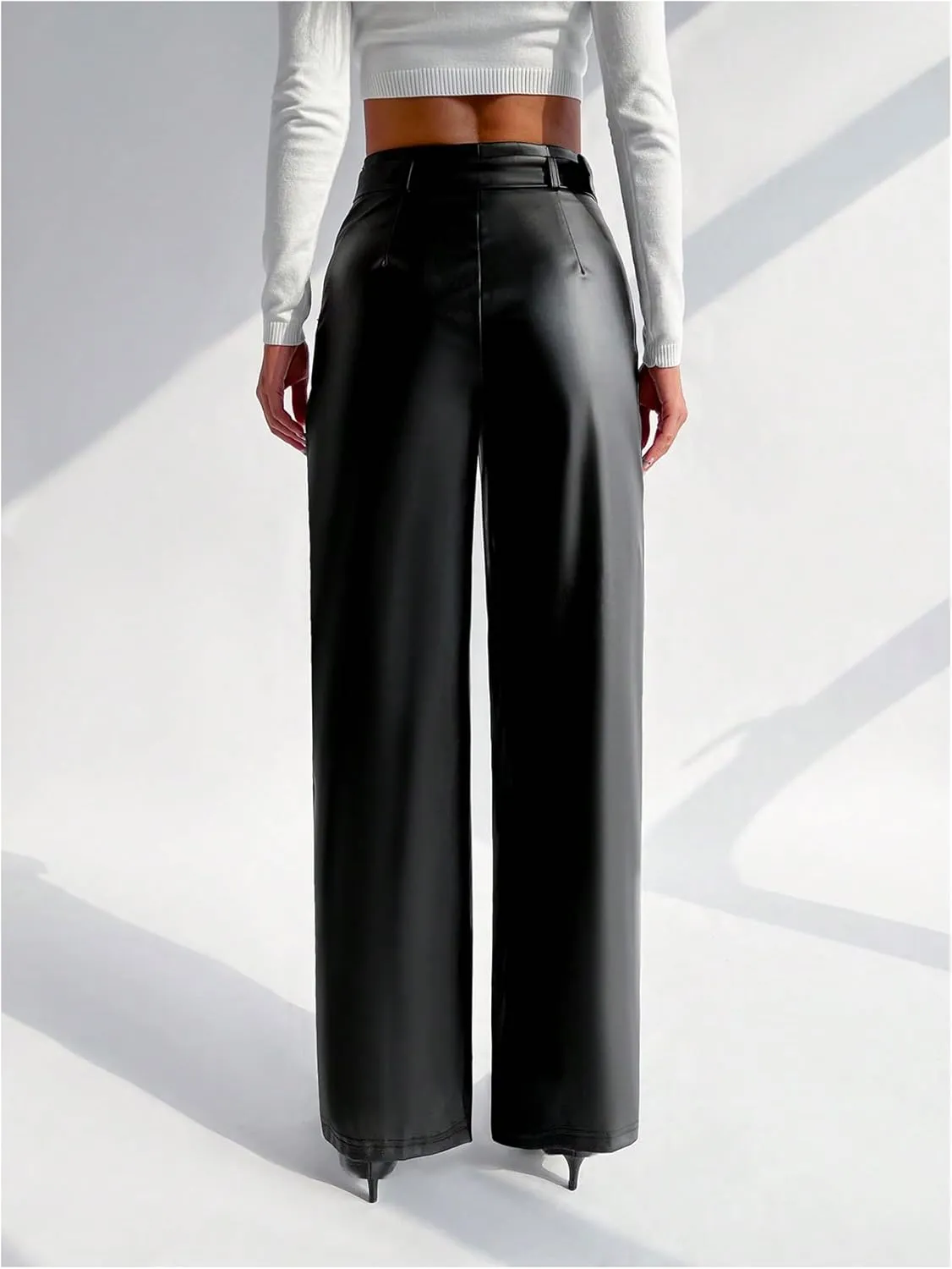Floerns Women's PU Leather Straight Leg Pants High Waisted Belt Casual Trousers