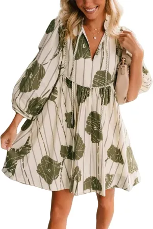 Floral Easter Dress for Women V-Neck Mini Long Puff Sleeve Short Ruffle Casual Dress