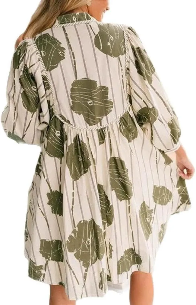 Floral Easter Dress for Women V-Neck Mini Long Puff Sleeve Short Ruffle Casual Dress