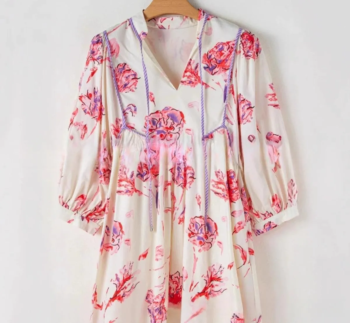 Floral Easter Dress for Women V-Neck Mini Long Puff Sleeve Short Ruffle Casual Dress