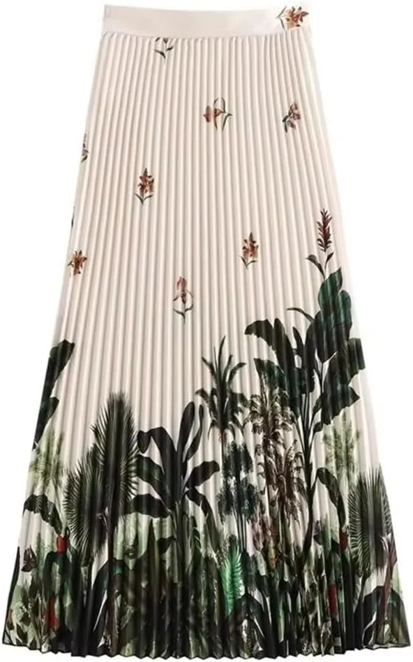 Floral Print Long Pleated Midi Skirt for Women with Side Zipper and High Waist
