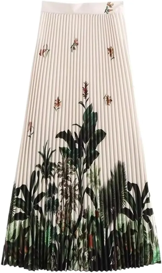 Floral Print Long Pleated Midi Skirt for Women with Side Zipper and High Waist