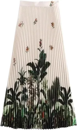 Floral Print Long Pleated Midi Skirt for Women with Side Zipper and High Waist