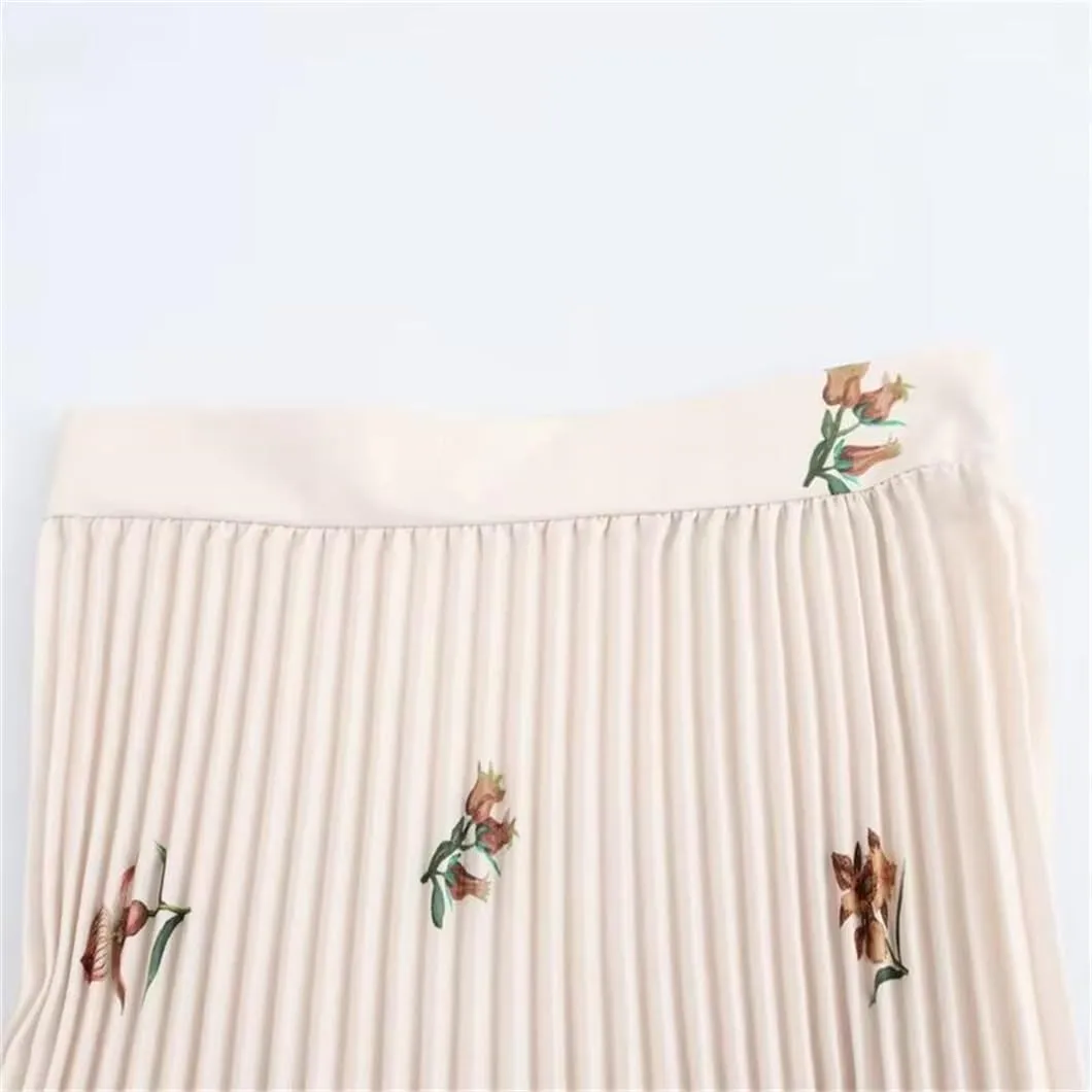 Floral Print Long Pleated Midi Skirt for Women with Side Zipper and High Waist