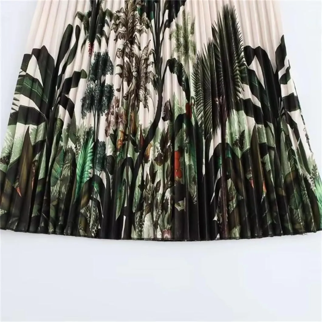 Floral Print Long Pleated Midi Skirt for Women with Side Zipper and High Waist