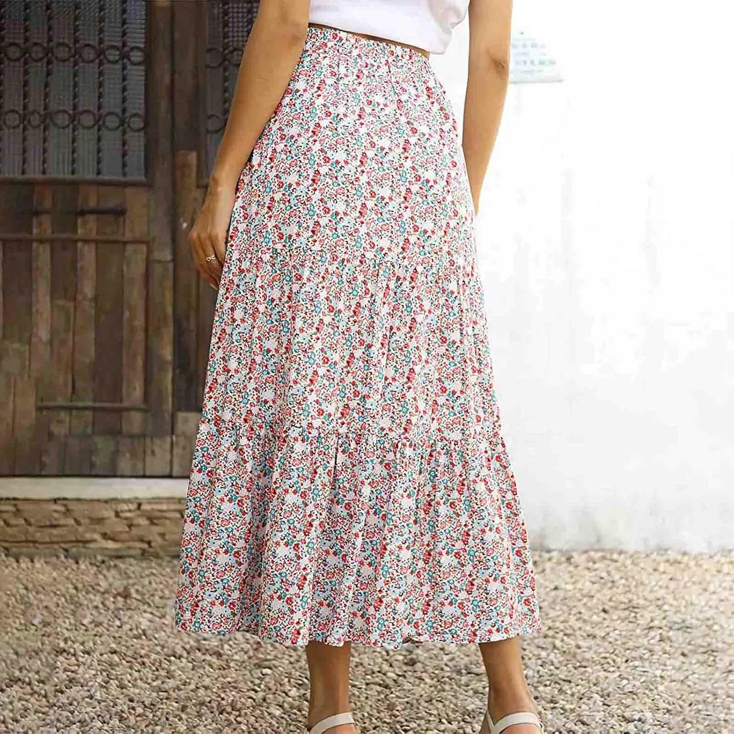 Floral Skirts for Women High Waist Flared Maxi Skirts Summer Vacation Beach Boho Flower Print Ruffle Swing Skirt