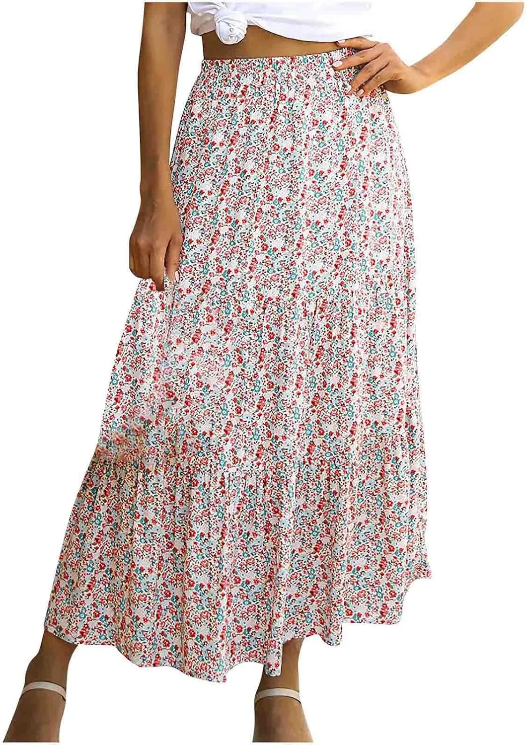 Floral Skirts for Women High Waist Flared Maxi Skirts Summer Vacation Beach Boho Flower Print Ruffle Swing Skirt