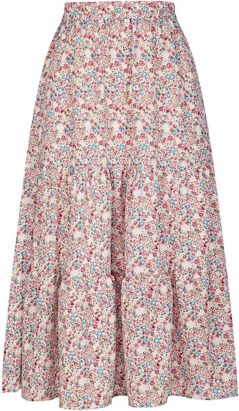 Floral Skirts for Women High Waist Flared Maxi Skirts Summer Vacation Beach Boho Flower Print Ruffle Swing Skirt