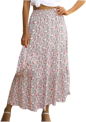 Floral Skirts for Women High Waist Flared Maxi Skirts Summer Vacation Beach Boho Flower Print Ruffle Swing Skirt