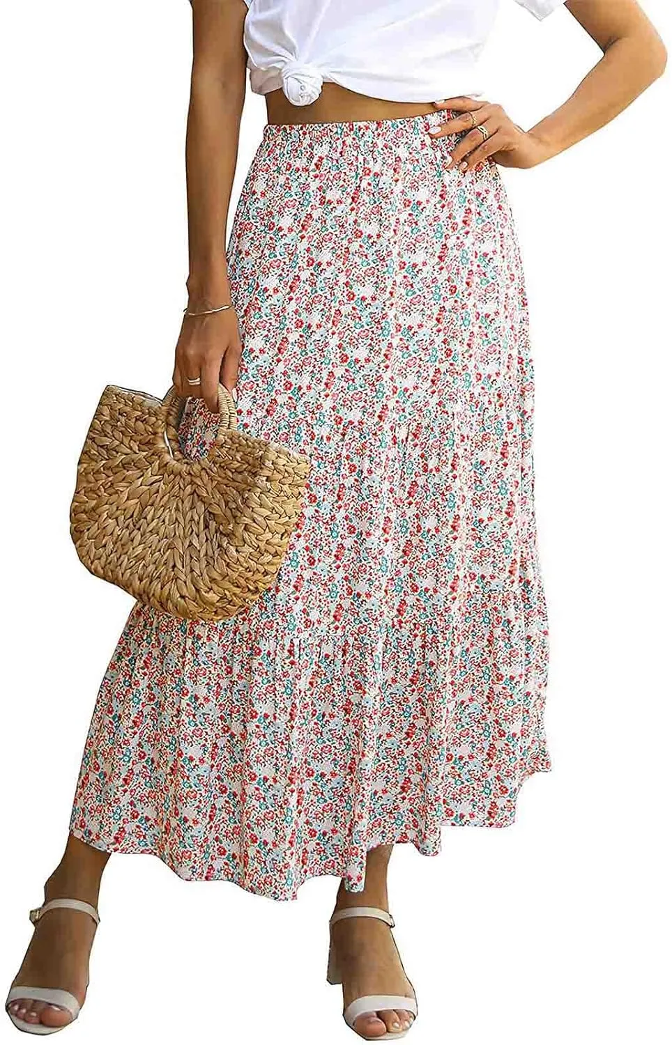 Floral Skirts for Women High Waist Flared Maxi Skirts Summer Vacation Beach Boho Flower Print Ruffle Swing Skirt