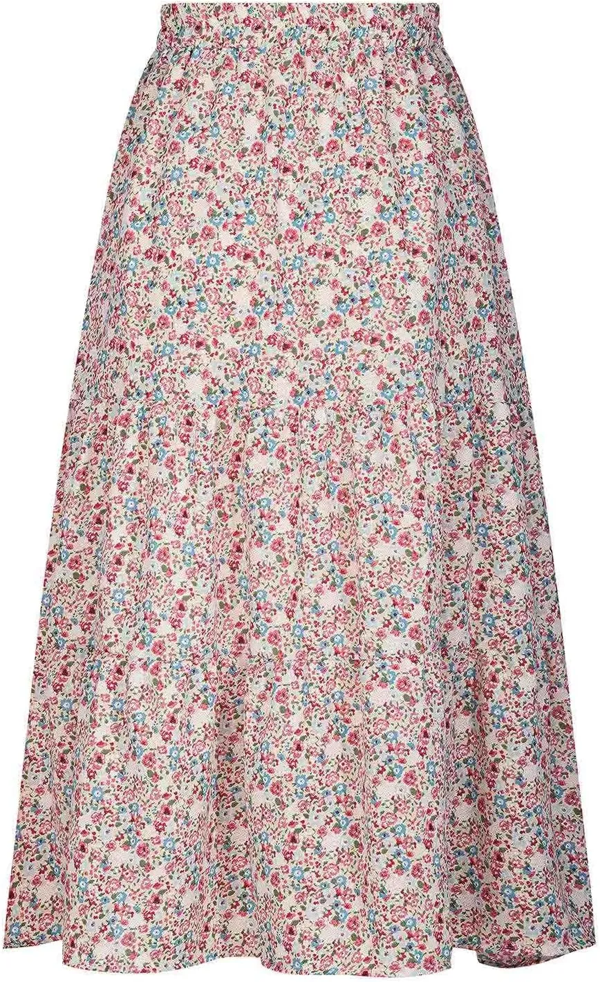 Floral Skirts for Women High Waist Flared Maxi Skirts Summer Vacation Beach Boho Flower Print Ruffle Swing Skirt
