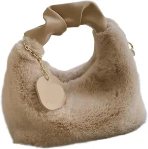 Fluffy Tote Bag Plush Handbags Ruched Handle Small Lady Shoulder Crossbody Bag Casual Tote For Women Winter Fuzzy Purses