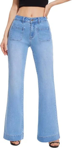 FLYING BANANA Women's Flare High Waisted Bell Bottom Wide Leg Jeans Baggy Stretch Trendy Denim with Pockets