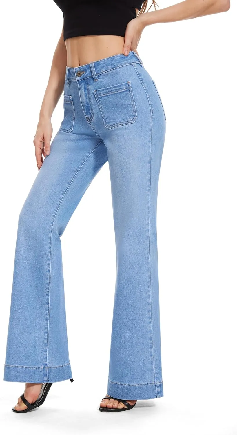 FLYING BANANA Women's Flare High Waisted Bell Bottom Wide Leg Jeans Baggy Stretch Trendy Denim with Pockets