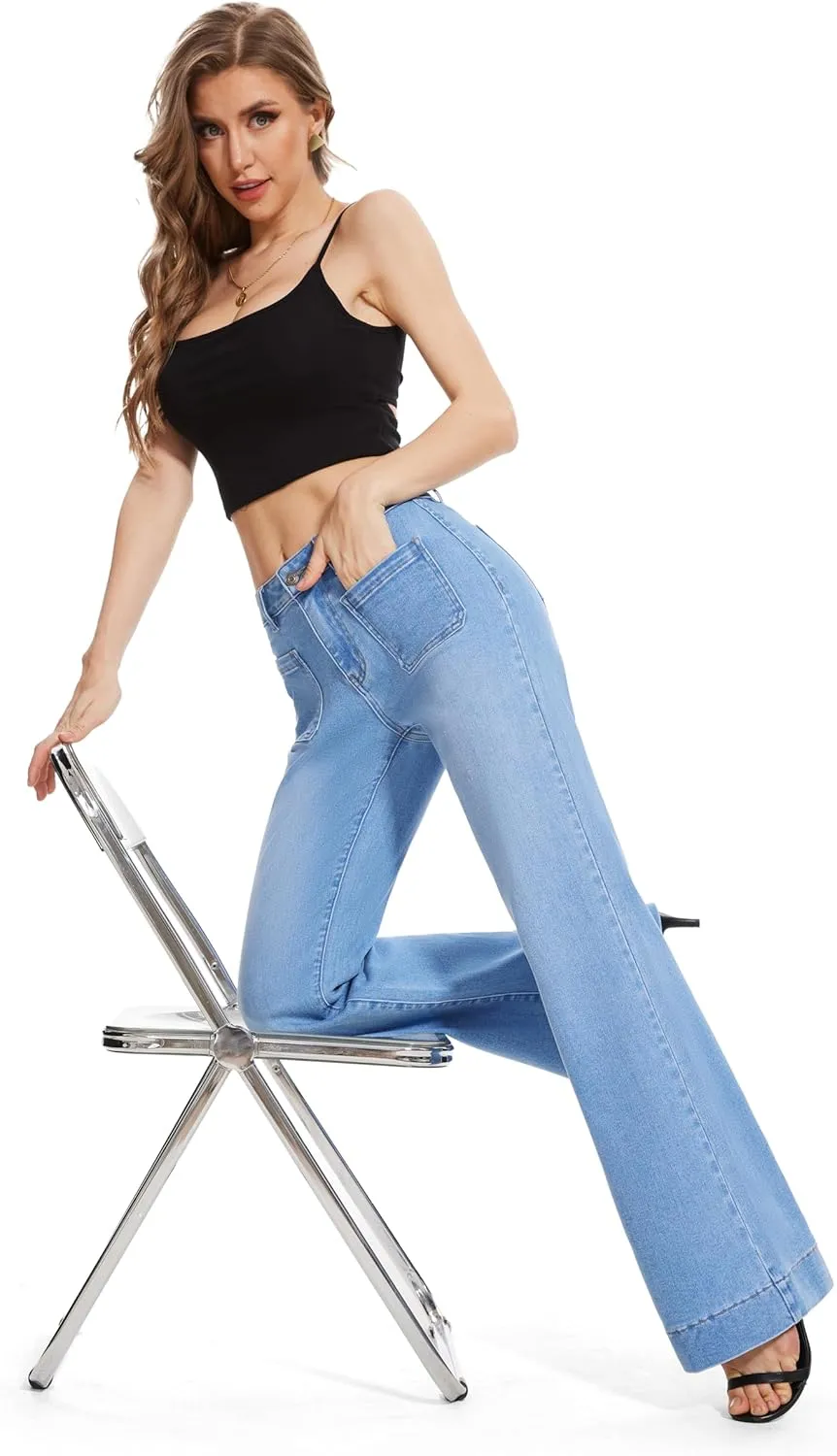 FLYING BANANA Women's Flare High Waisted Bell Bottom Wide Leg Jeans Baggy Stretch Trendy Denim with Pockets
