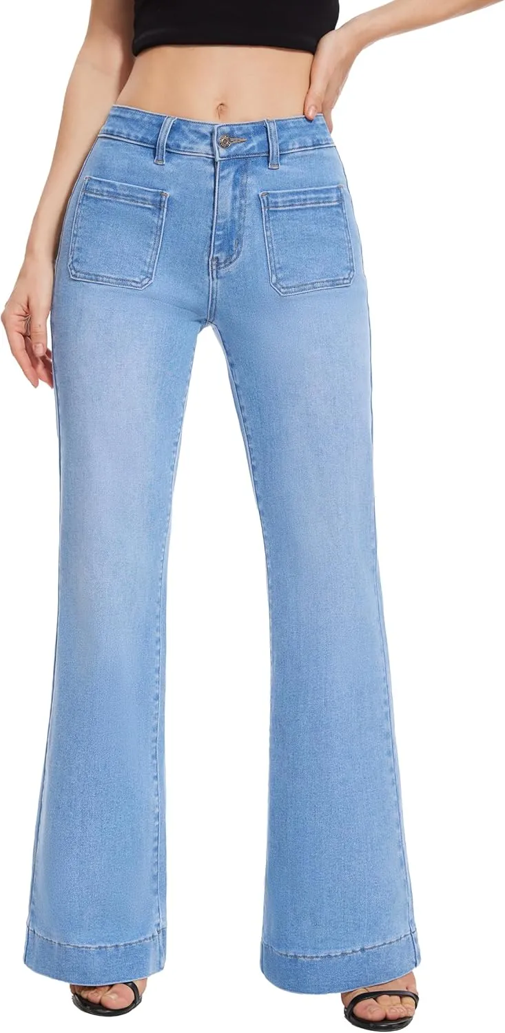 FLYING BANANA Women's Flare High Waisted Bell Bottom Wide Leg Jeans Baggy Stretch Trendy Denim with Pockets